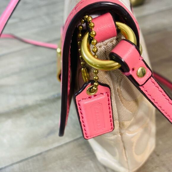 Coach Wristlet Handbag S Kristin Beige Signature Canvas Pink Leather Trim - Picture 7 of 9